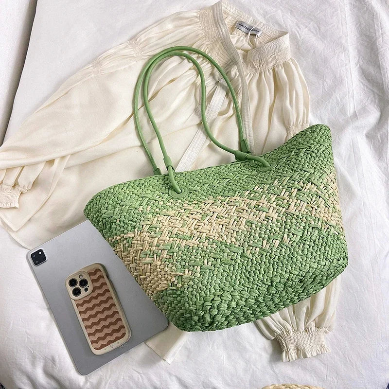 Summer Seaside Beach Bag Hand-woven Large Capacity Straw Tote Bag Gradient Color Design Women 's Travel  Vacation Shoulder Bag
