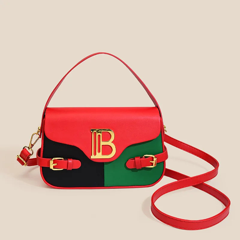 Luxury women's crossbody bag with color-blocking and stitching, box-style multi-color textured light luxury commuter bag.