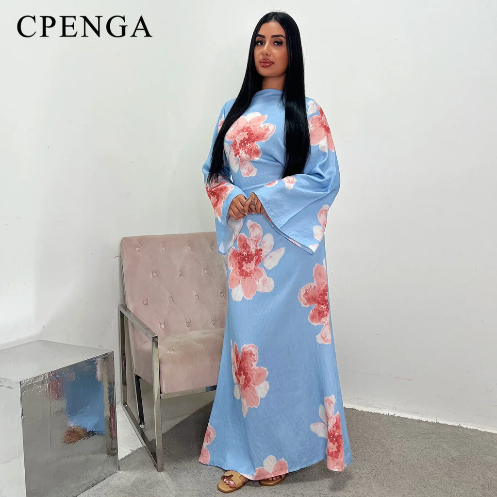 Elegant Floral Print Abaya Dress for Muslim Women Modest Full-Length Ankle-Grazing Maxi Robe 2025 Summer Islamic Turkey Outfit