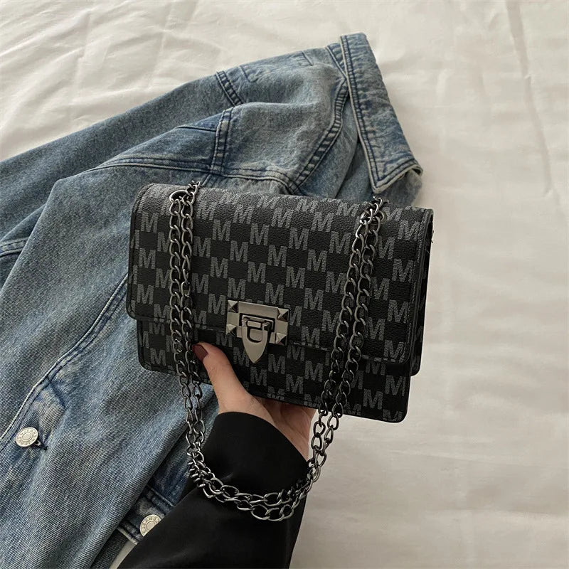 Luxury Letter Print Crossbody Shoulder Bag,Chain Buckle Compact Chic Women Sling Bag,Lady Vintage Casual Personalized Square Bag