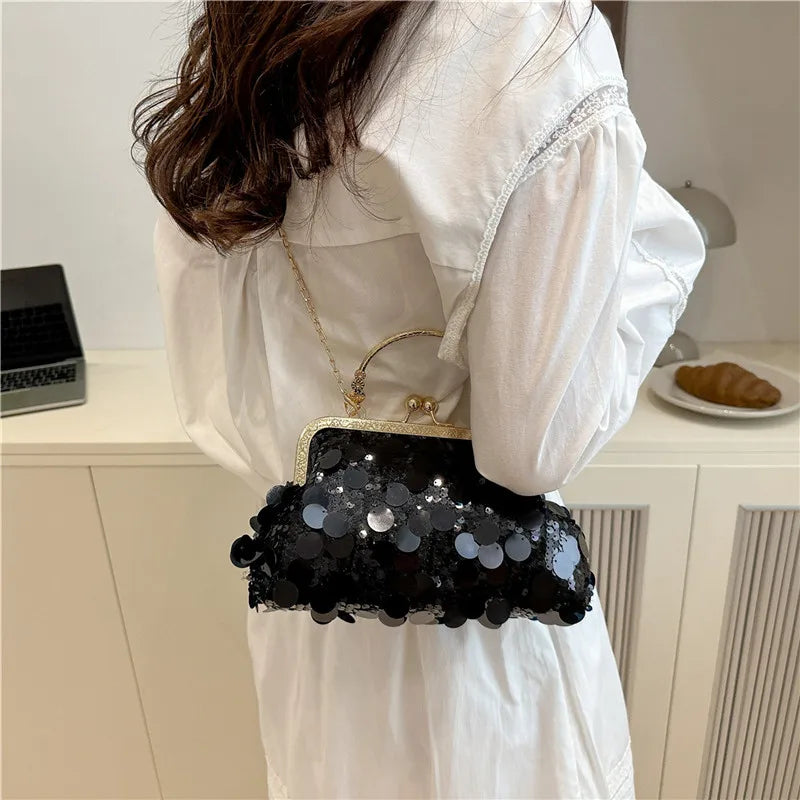 Elegant Sequined Evening Shoulder Bags for Women Solid Color Ladies Clip Chain Crossbody Bag Casual Female Shell Handbags Purse