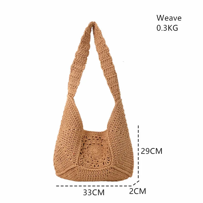 New Shoulder Bag Fashion Casual Crochet Shopping Tote For Women Solid Color Hollow Out Knitted Beach Bag Large Capacity Handbags