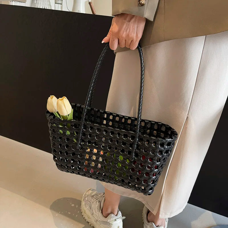 LEFTSIDE Small Solid Color Weave Tote Bags for Women 2025 Fashion Summer Shoulder Bags Simple Handbags Hollow Out Beach Bag
