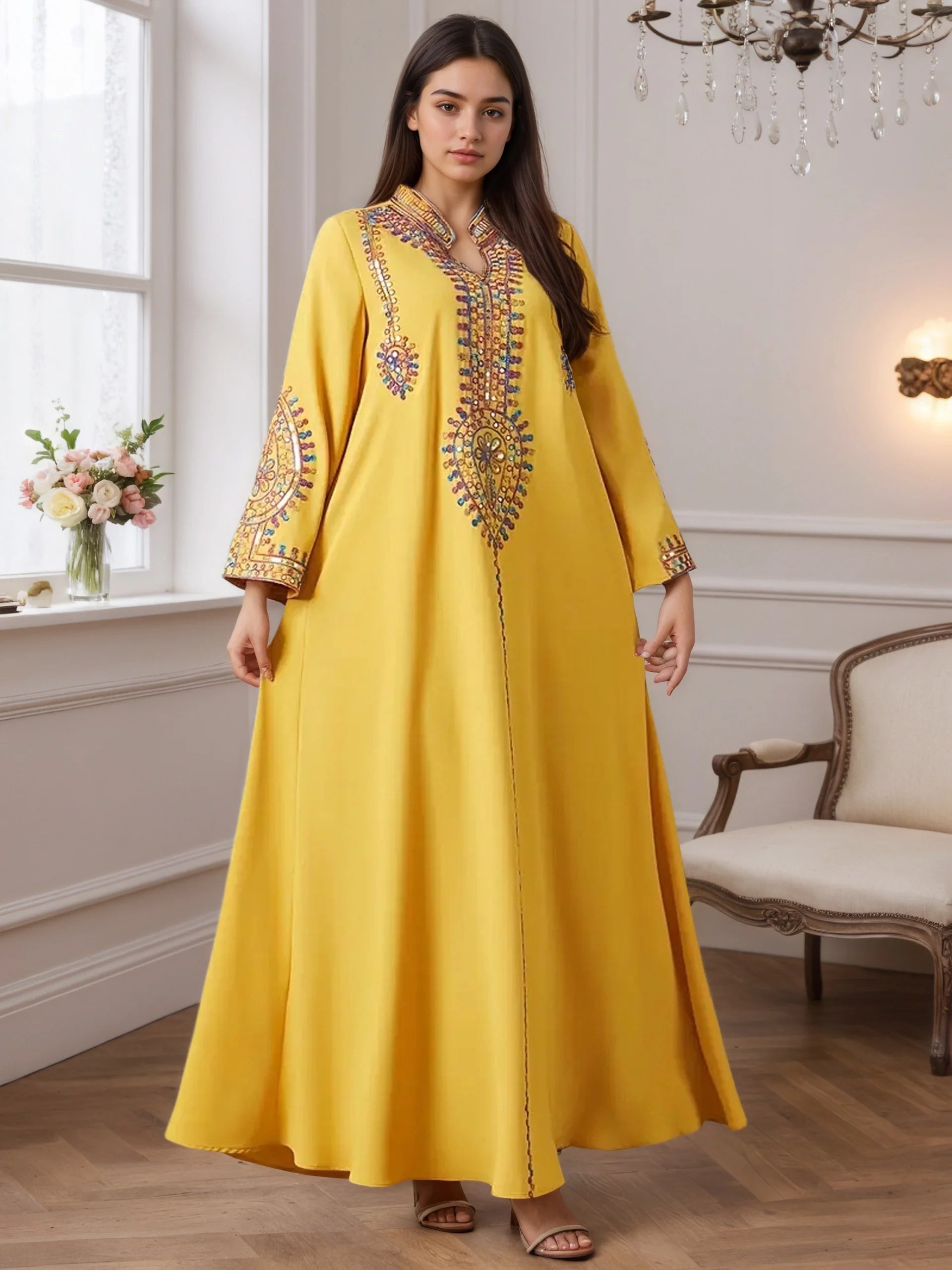 Dubai 2025 Hot Sell Moroccan Islam Women Style Yellow Abaya Intricate Hand Embroidered Patterns for Arabian Cultural Gatherings
