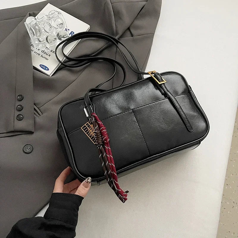Luxury Black PU Leather Crossbody Bag for Women - Golden Buckle Strap & Red/Black Plaid Tassel, Y2K Underarm Bags Work Bag