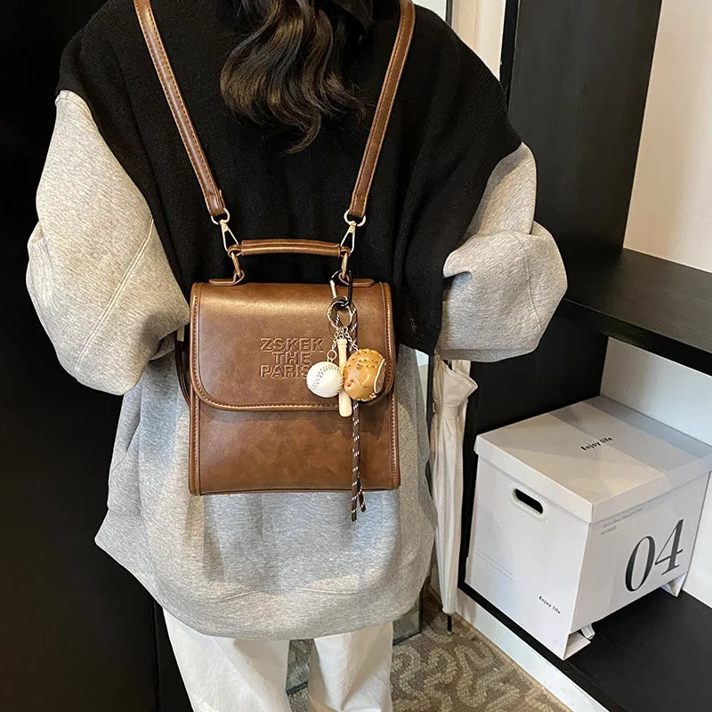 Casual Retro Large Capacity Women's Backpack Fashionable Versatile Stylish Satchel Crossbody Bag New Black City Simple Style PU