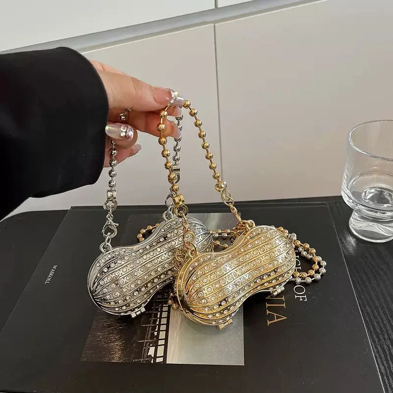 Luxury Diamond Inlay Peanut Shape Crystal Clutch Purse Stones Evening Wedding Party Shoulder Bag Handle Rhinestone Mini Handbags