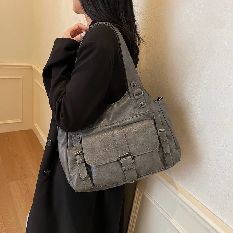 Women Tote Bag Fashion Underarm Pouch Large Capacity Soft Pu Leather Shoulder Bag Retro Crossbody Bag Casual Portable BucketBags