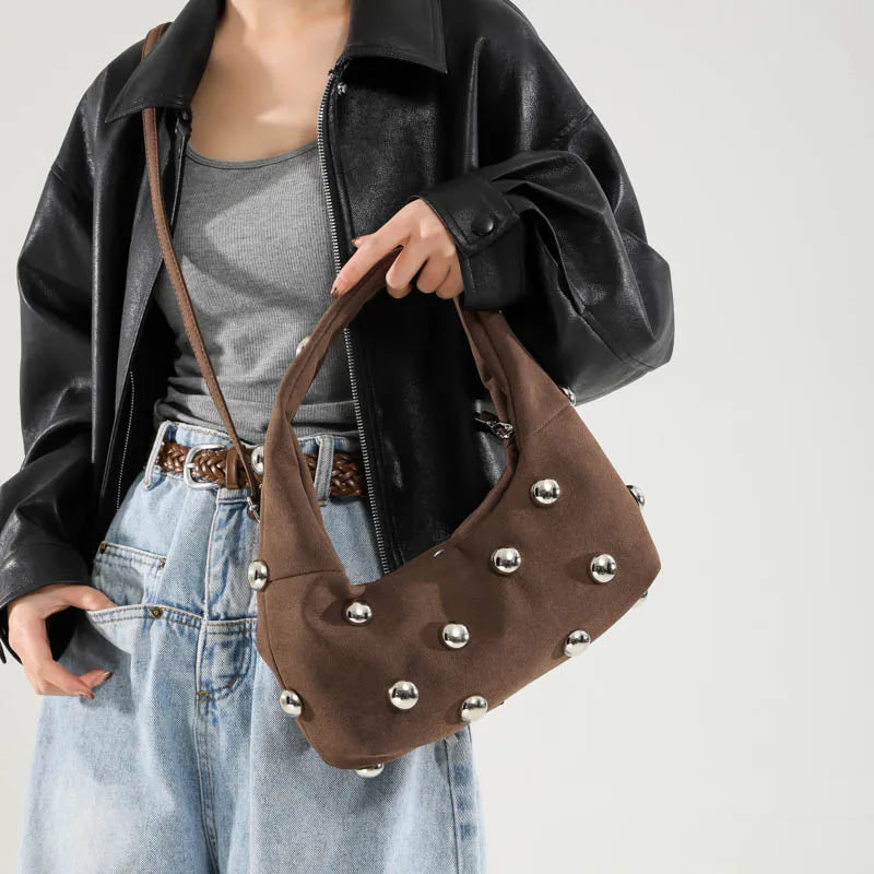 Luxury Purple Handbag For Women Luxury Studded Beading Handbags Wine Red Purse Solid Color Suede Leather Shoulder Crossbody Bags