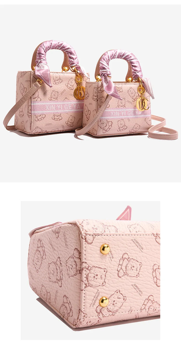 Luxury Bear Print Tote Bag for Women 2025, French Inspired Bucket Shoulder Purse, High Quality PU Leather Crossbody Bag