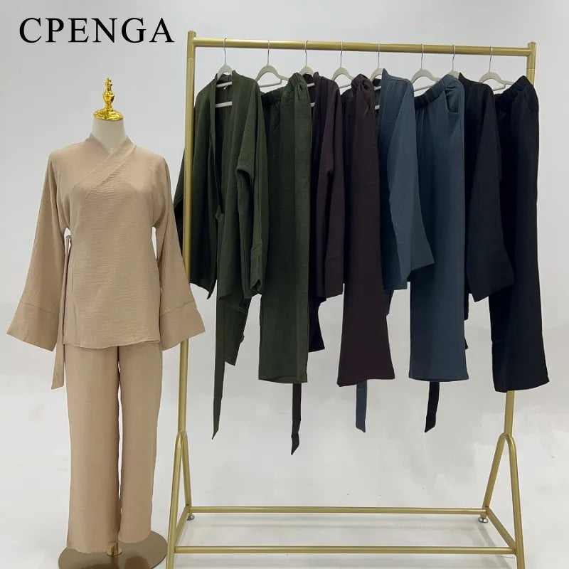 2 Piece Dubai Muslim Women Clothing Elegant Middle East Modest Top and Pants Sets 2024 Islamic Turkish Clothes Solid Outfits