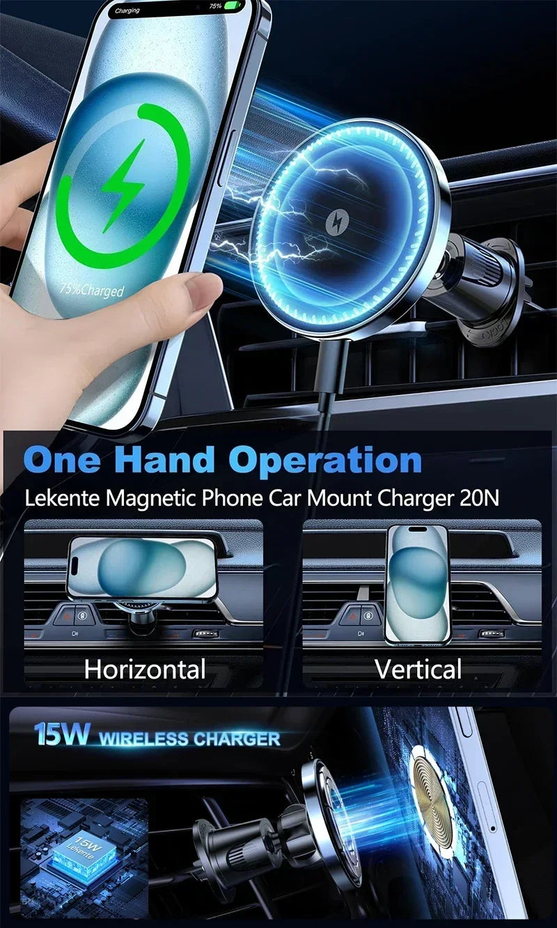Magnetic Wireless Car Charger 15W Fast Charge Air Vent Magnet Car Mount Phone Holder for iPhone 16 15 14 13 12 Pro Max Plus