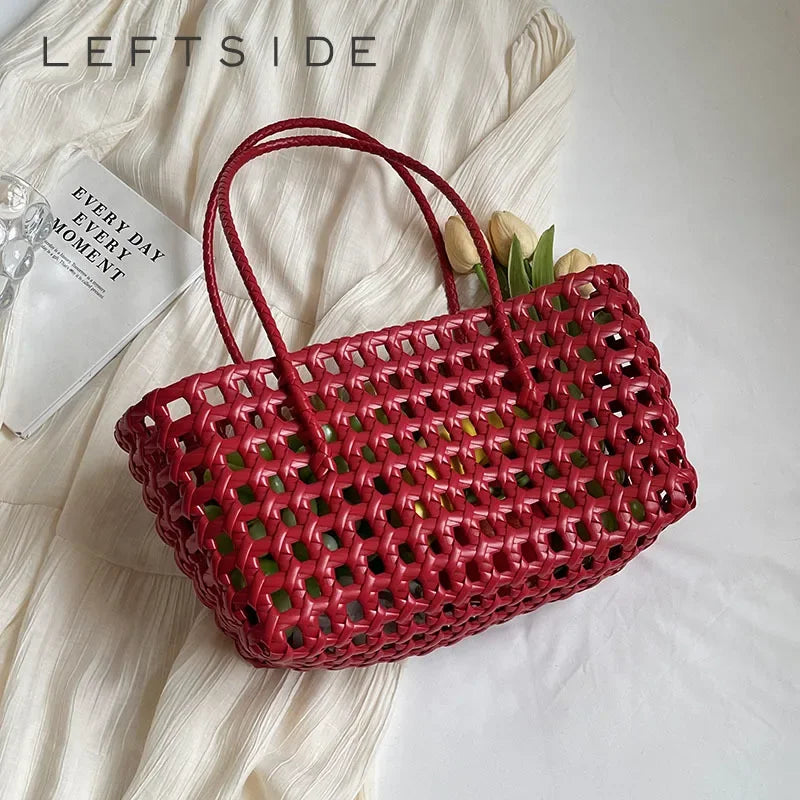 LEFTSIDE Small Solid Color Weave Tote Bags for Women 2025 Fashion Summer Shoulder Bags Simple Handbags Hollow Out Beach Bag