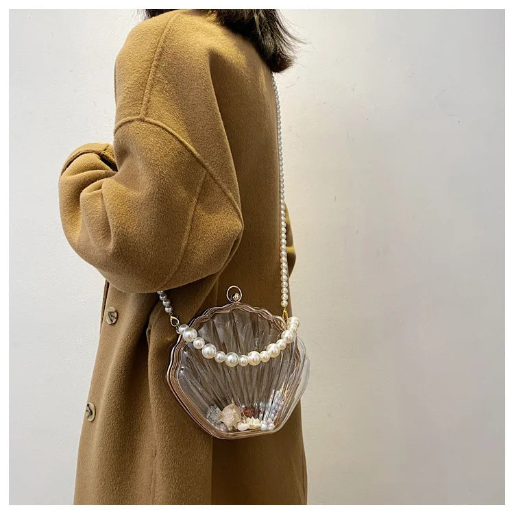 Evening Bags for Women 2023 New Transparent Shell Bag Clutch Box Handbags Pearl Chain Crossbody Bag Acrylic Purse Shoulder Bag