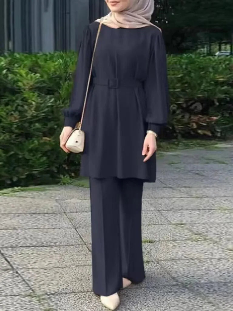 Muslim Women Matching Sets Long Sleeve Solid Color Tops with Belt And Loose Pant Suits Elegant Fashion Casual Tracksuit Kaftan
