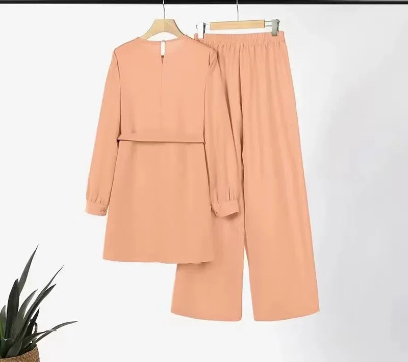 Muslim Women Matching Sets Long Sleeve Solid Color Tops with Belt And Loose Pant Suits Elegant Fashion Casual Tracksuit Kaftan