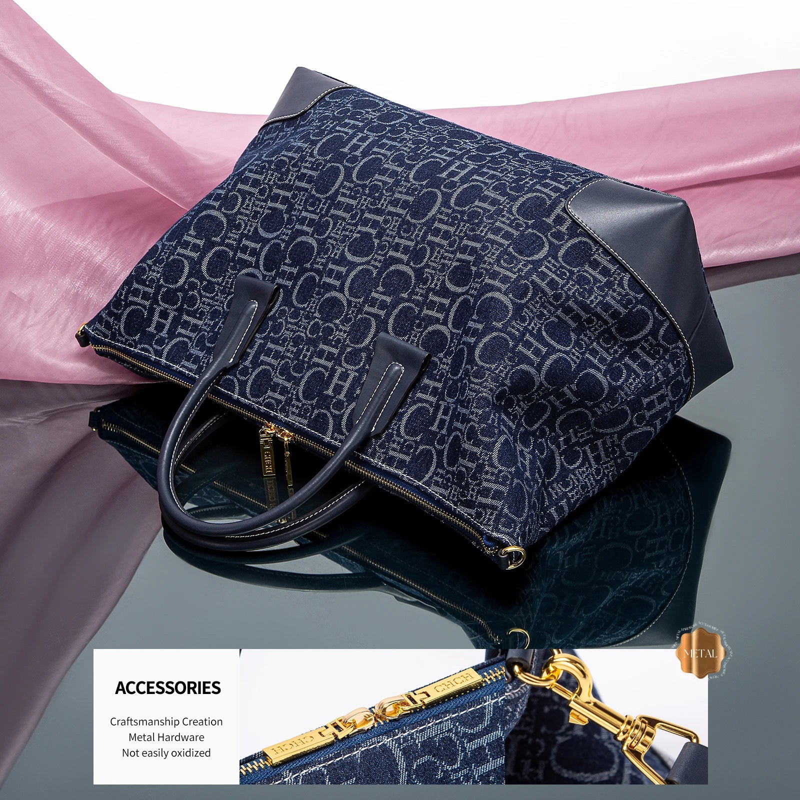 Geometric Letter Pattern Travel Totes – Sophisticated Blue Fabric  Leather Accents Metallic  for Urban Mobility Chic Versatility