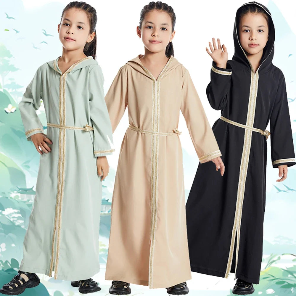 Muslim Girls Hooded Dress Eid Djellaba Ramadan Islam Clothing Turkey Kaftan Saudi Arab Robe Jalabiya Prayer Garment Caftan Gown