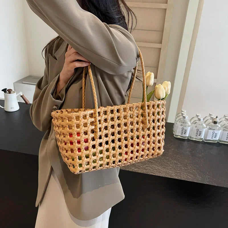 LEFTSIDE Small Solid Color Weave Tote Bags for Women 2025 Fashion Summer Shoulder Bags Simple Handbags Hollow Out Beach Bag