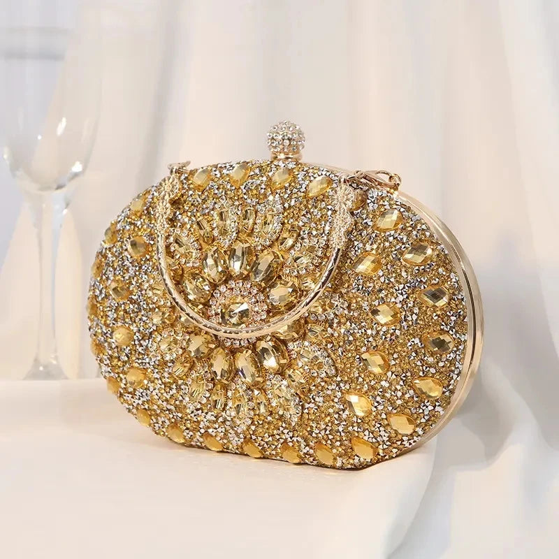 Gold Round Bag Luxury Brand Rhinestone Clutch Bags for Women 2024 Crystals Party Purses Diamond Designer Crossbody Handbags