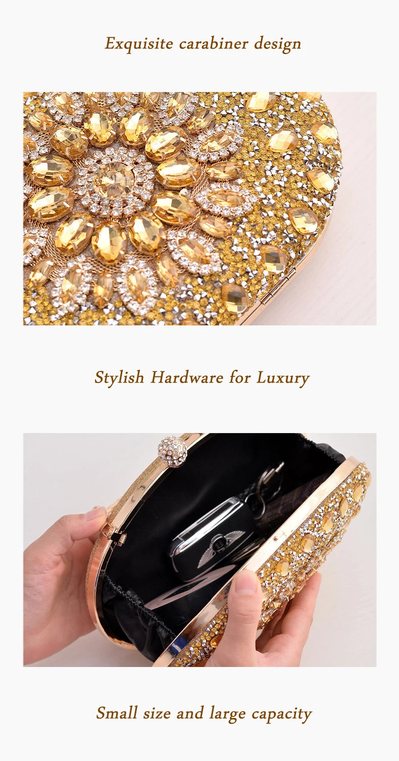 Gold Round Bag Luxury Brand Rhinestone Clutch Bags for Women 2024 Crystals Party Purses Diamond Designer Crossbody Handbags