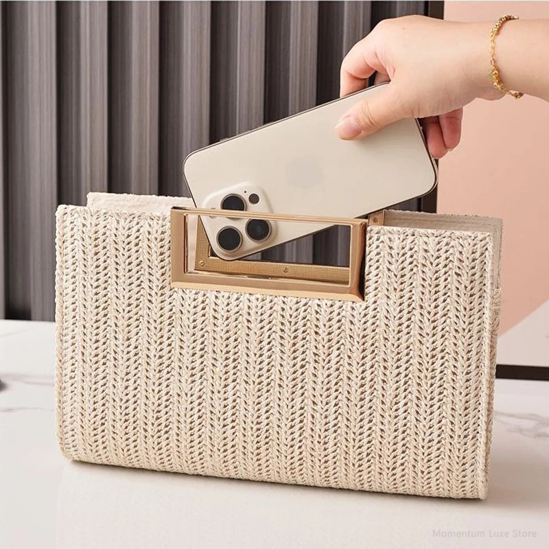 European Style Straw Evening Bag 2025 New Square Buckle Clutch Simple Dinner Bag for Women Shoulder Crossbody Bags