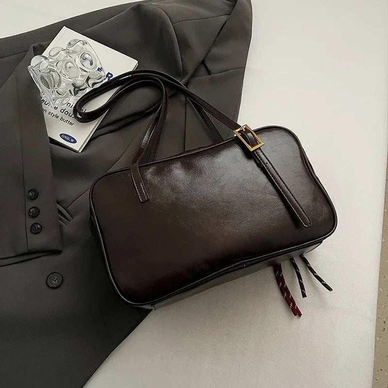 Luxury Black PU Leather Crossbody Bag for Women - Golden Buckle Strap & Red/Black Plaid Tassel, Y2K Underarm Bags Work Bag