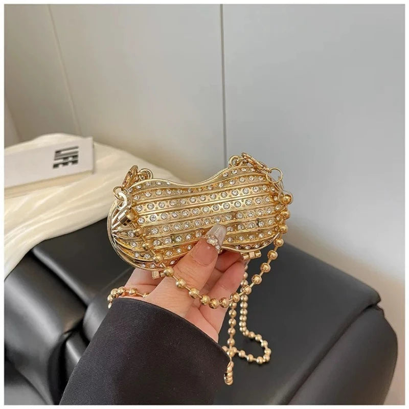 Luxury Diamond Inlay Peanut Shape Crystal Clutch Purse Stones Evening Wedding Party Shoulder Bag Handle Rhinestone Mini Handbags