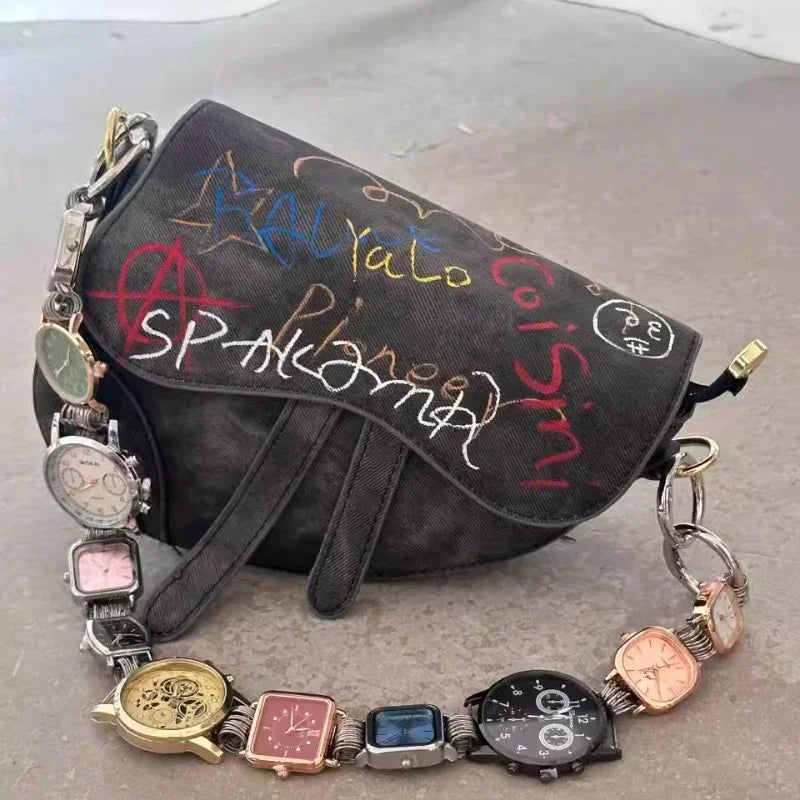 Designer Luxury Saddle Bag Women 2025 New In Fashion Chic Metal Watch Strap Shoulder Bag Trend Graffiti Novelty Female Bags