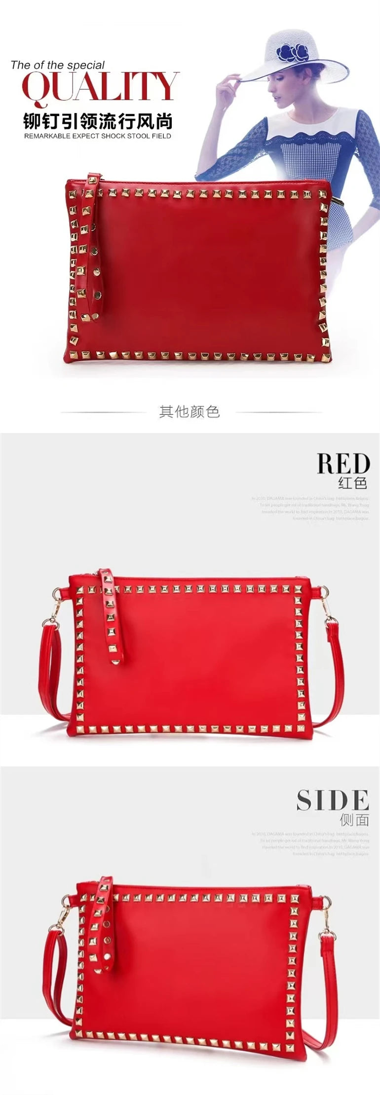 Leather Rivet Handbags for Women, Daily Clutches, Black Envelope, Evening Party Bag, High Quality, Female Shoulder Bags