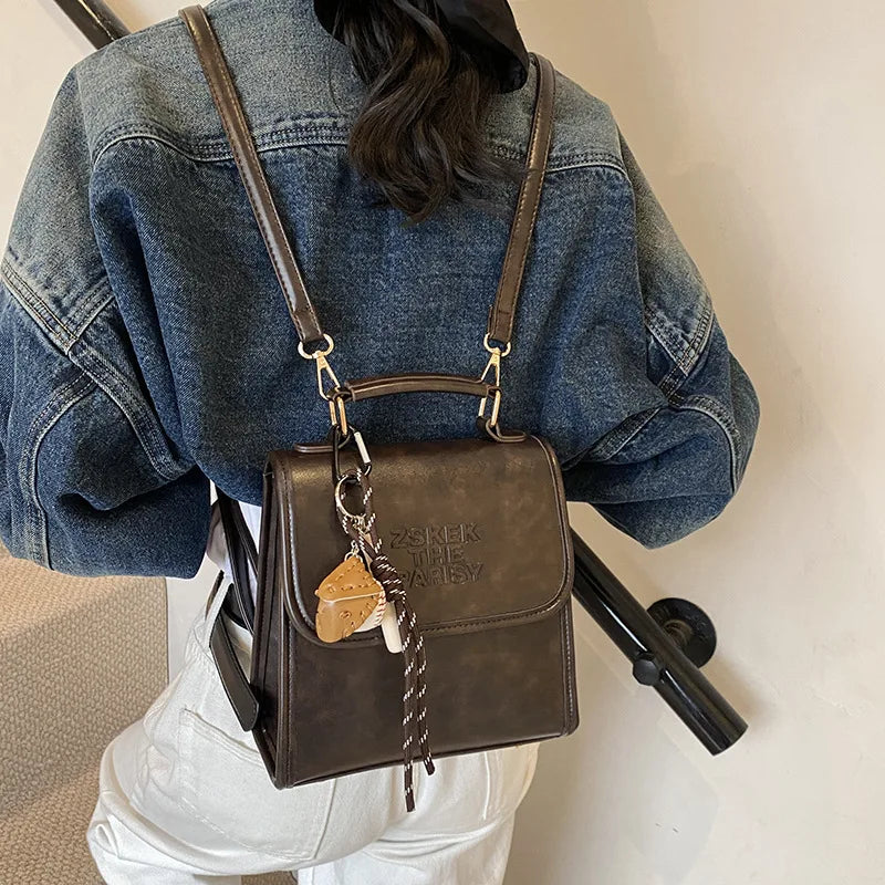 Casual Retro Large Capacity Women's Backpack Fashionable Versatile Stylish Satchel Crossbody Bag New Black City Simple Style PU