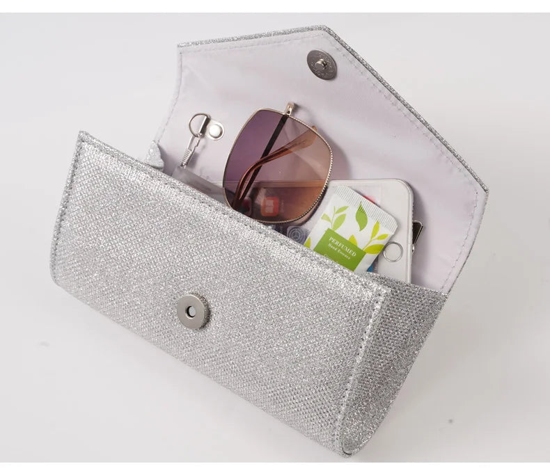 Women Envelope Evening Bag Glitter Ladies Chain Shoulder Bags Shiny Silver Long Purse Female Wedding Party Clutches Mini Handbag