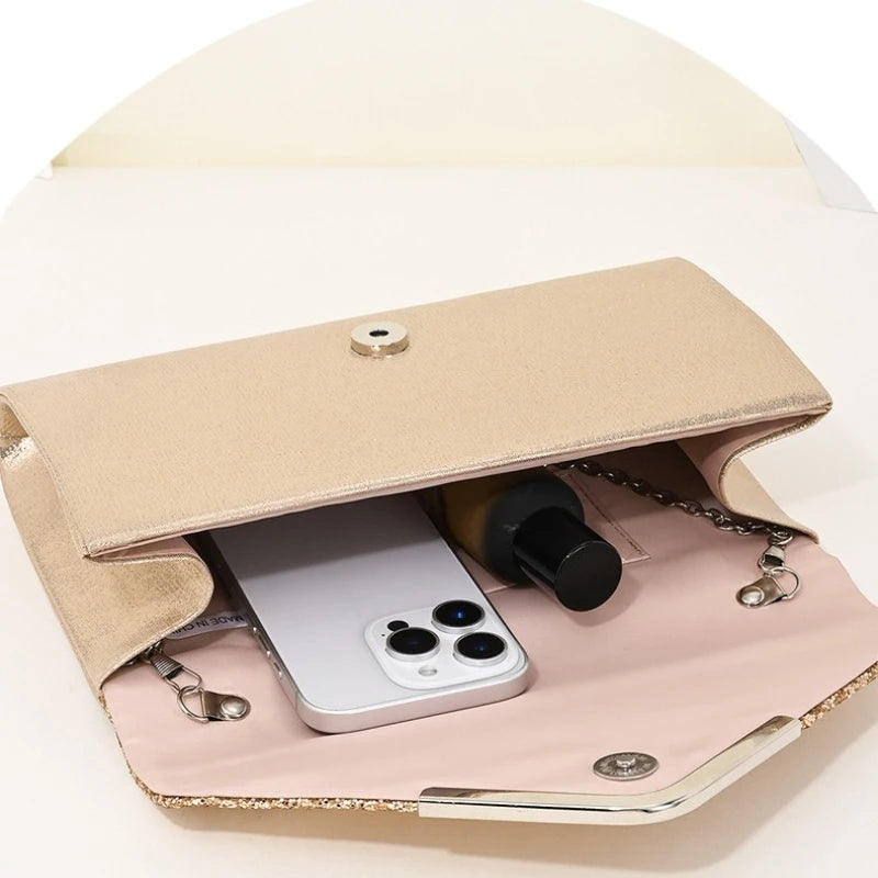 Clutch Bags V Design Metal Chain Glitter Sequined Evening Bags with Envelope Party Wedding  Lady Handbags Banquet Messenger Bag