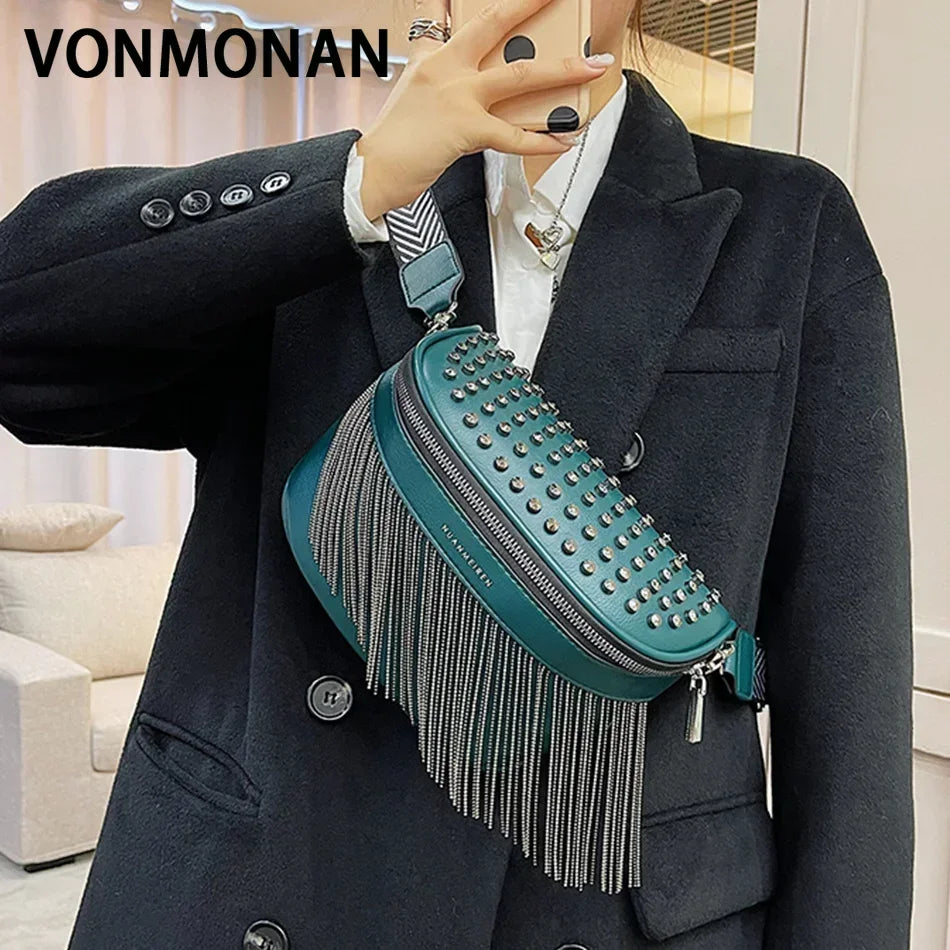 Luxury Woman Chest Bag Fashion Tassel Leather Large Capacity Crossbody Sling Bag Women Waist Bag Casual Rivet Design Travel Sac