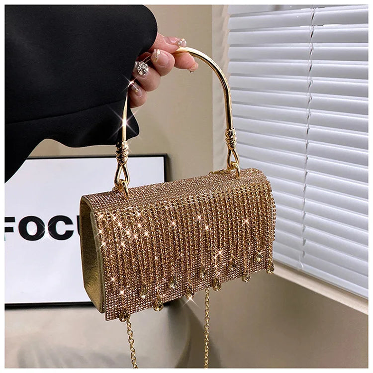 Luxury Golden Shoulder Bag 2025 New for Women, Elegant Rhinestone Clutch Purse, Versatile Crossbody Bag with Adjustable Chain