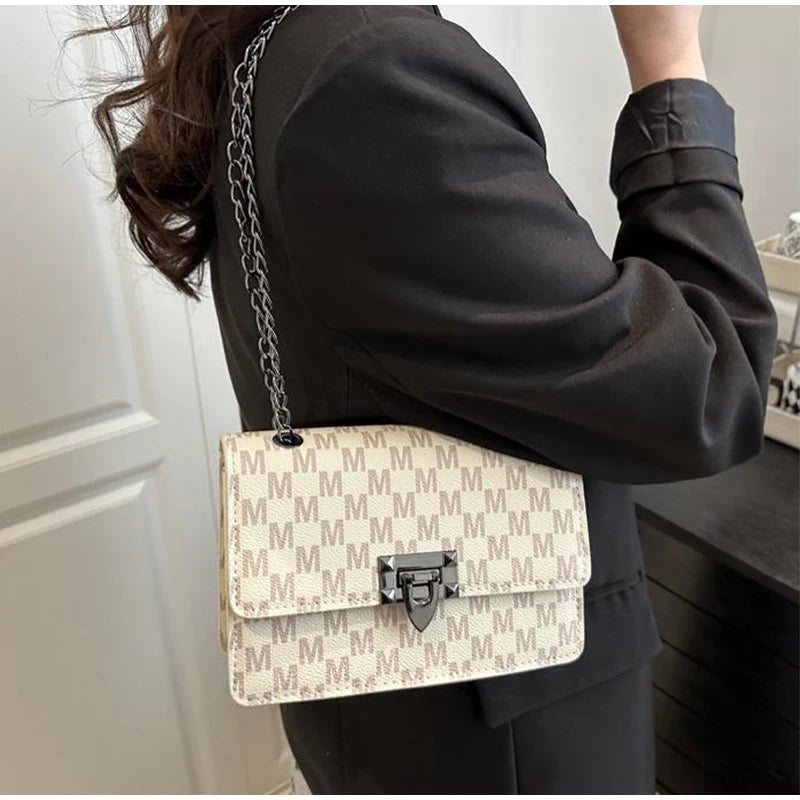 Luxury Letter Print Crossbody Shoulder Bag,Chain Buckle Compact Chic Women Sling Bag,Lady Vintage Casual Personalized Square Bag