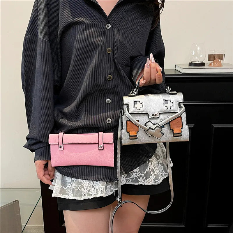 2025 Niche Kelly Bag Womens Mosaic Doll Robot Print Shoulder Crossbody Purse Unique Designer Handheld Tote Fashion Statement
