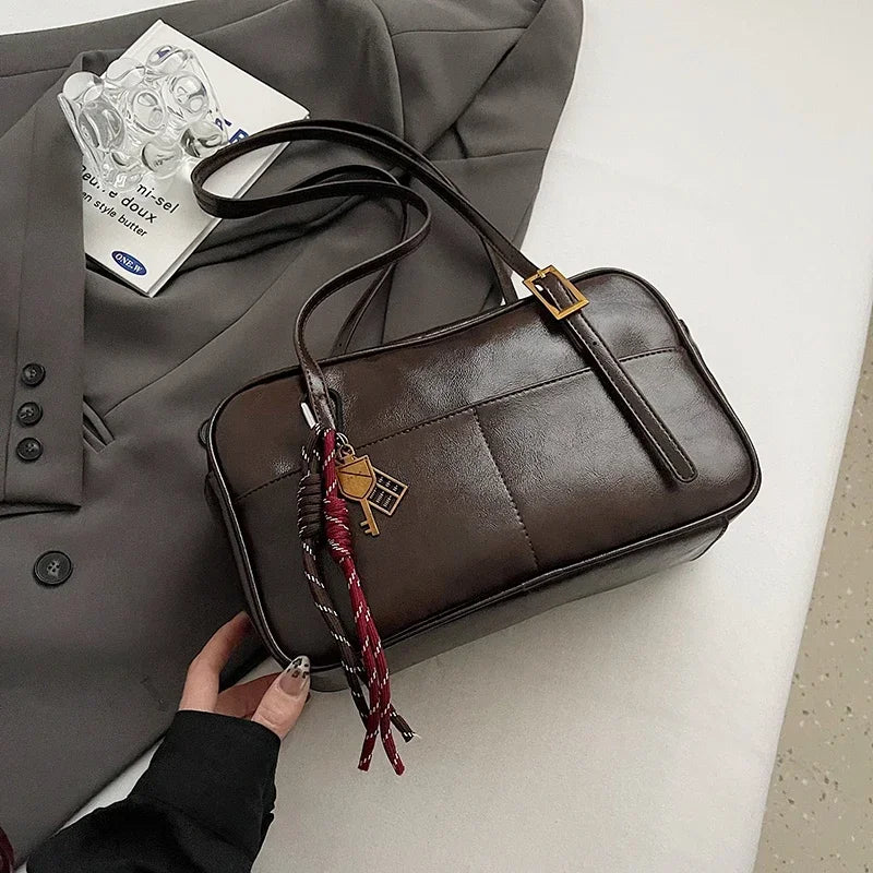 Luxury Black PU Leather Crossbody Bag for Women - Golden Buckle Strap & Red/Black Plaid Tassel, Y2K Underarm Bags Work Bag