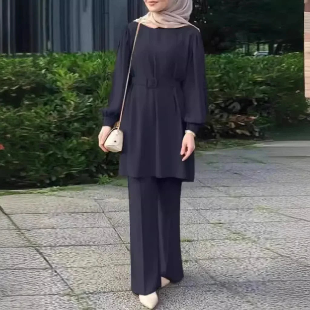 Muslim Women Matching Sets Long Sleeve Solid Color Tops with Belt And Loose Pant Suits Elegant Fashion Casual Tracksuit Kaftan