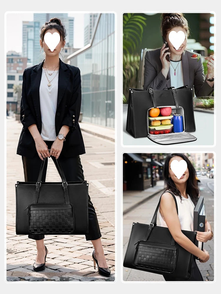 15.6" Laptop Bag with Insulated Lunch Compartment - PU Leather Briefcase for Work, School & Travel (Waterproof, Multi-Pocket)