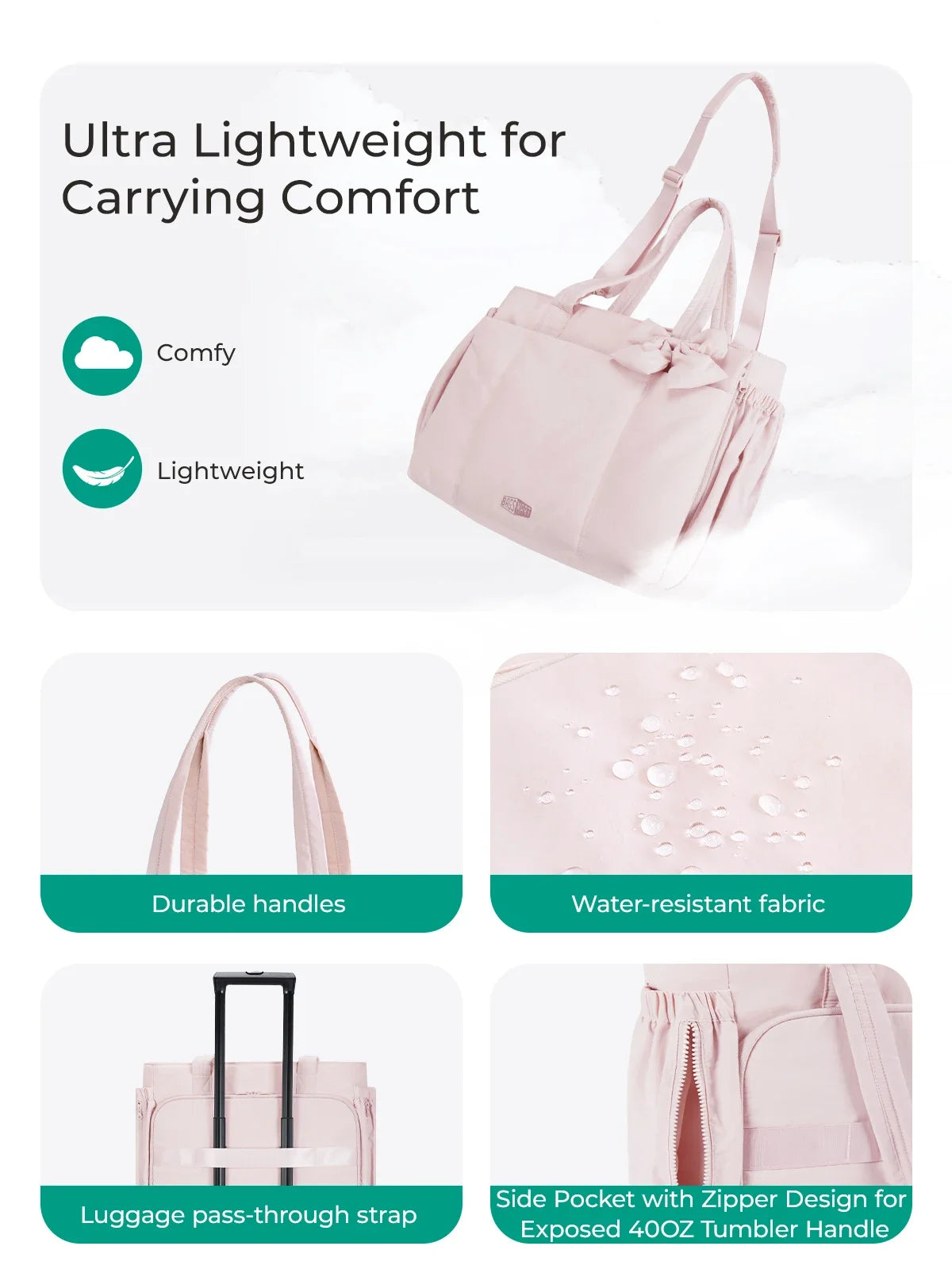 BAGSMART Padded Tote Bag With Bow Casual Quilted Padded Women Shoulder Bags Fit 15.6in Laptop Large Capacity Yoga Gym Bags