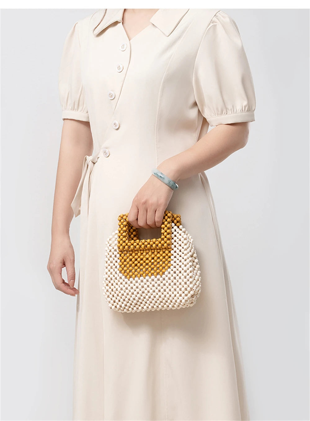 Luxury Wooden Beads Tote Bags Vintage Women's Square Handbag Handmade Fashion Banquet Bags Summer Casual Beach Purses Bag Bolsos