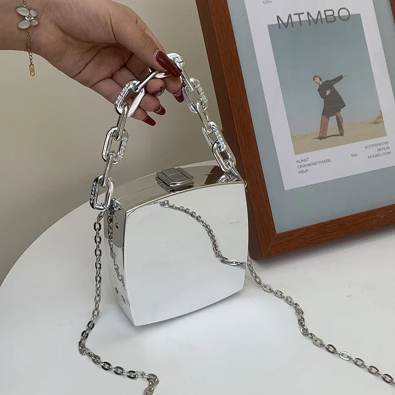 2022 Trend Designer Clutch Bag Gold Silver PVC Box Design Party Evening Chain Shoulder Crossbody Bags Mini Purses and Handbags