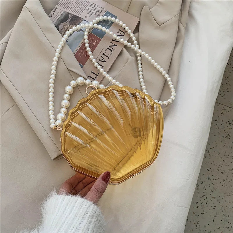 Evening Bags for Women 2023 New Transparent Shell Bag Clutch Box Handbags Pearl Chain Crossbody Bag Acrylic Purse Shoulder Bag