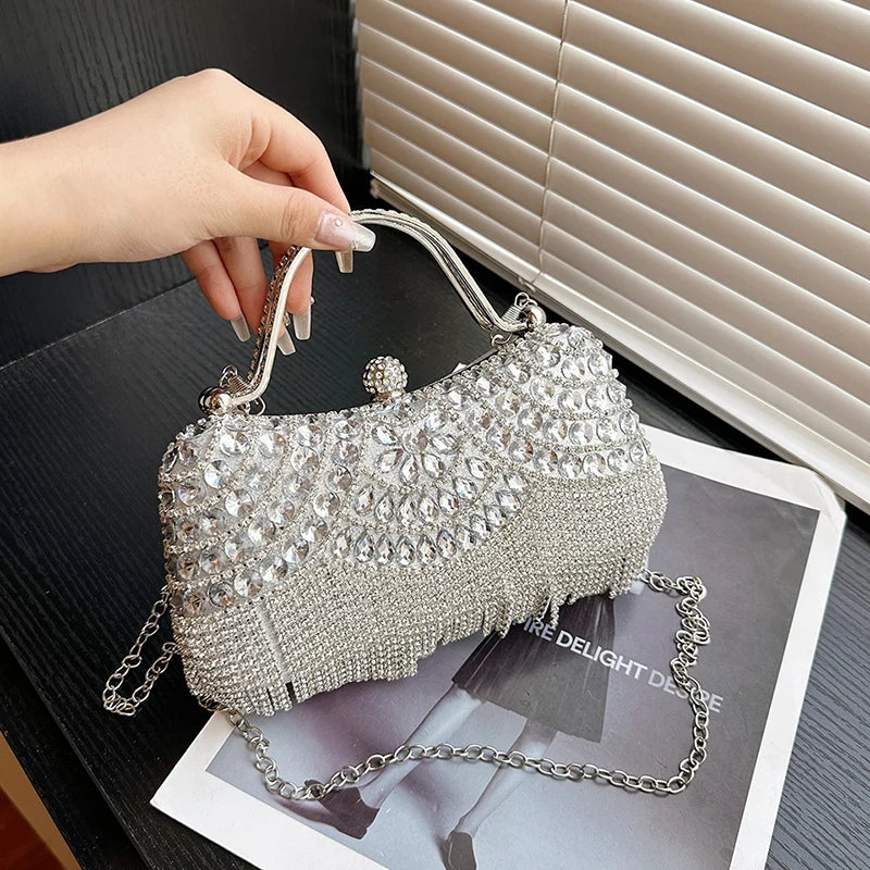 Gold Evening Clutch Bag For Women Luxury Diamond Party Purse Handbag Fashion Tassel Shoulder Crossbody Box Lipstick Bag Designer
