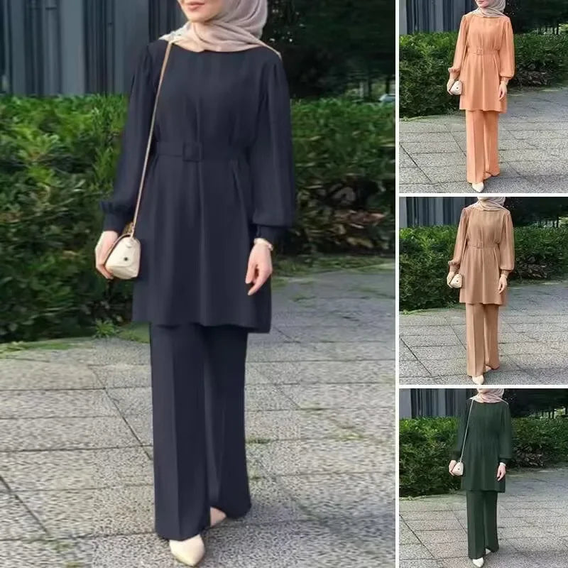 Muslim Women Matching Sets Long Sleeve Solid Color Tops with Belt And Loose Pant Suits Elegant Fashion Casual Tracksuit Kaftan