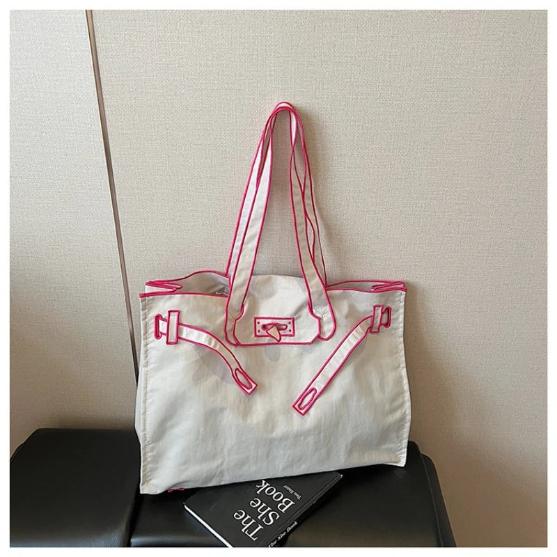 Funny Design Large Capacity Tote Bags 2025 New Casual Lightweight Nylon Shoulder Bag Versatile Canvas Bag Women Shopping Handbag