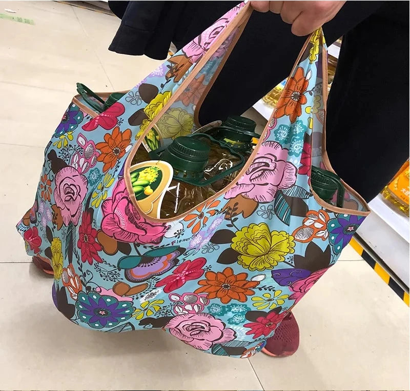 Fashion Pocket Tote Women Bag Eco-Friendly Folding Shopping Bag Reusable Portable Shoulder Handbag for Travel Supermarket