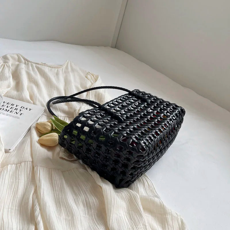 LEFTSIDE Small Solid Color Weave Tote Bags for Women 2025 Fashion Summer Shoulder Bags Simple Handbags Hollow Out Beach Bag