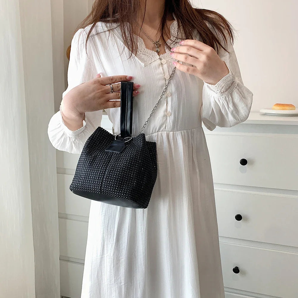 Fashion Evening Bag for Women Shiny Crossbody Bag Bling Rhinestone Bucket Shoulder Messenger Bags Ladies Glitter Handbag Purse